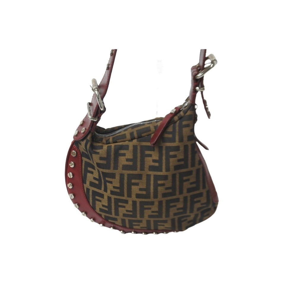 Fendi Zucca One Hobo Red Brown Studded Shoulder Bag Leather - Picture 4 of 10